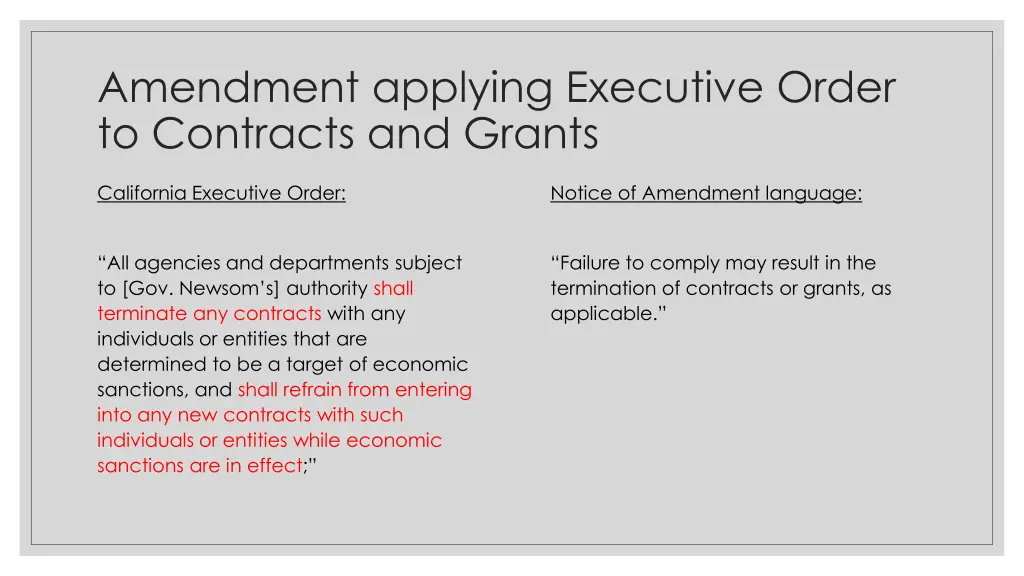 amendment applying executive order to contracts