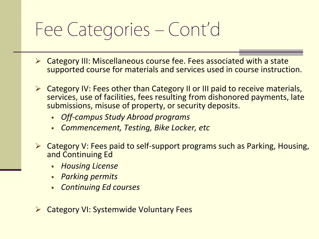 category iii miscellaneous course fee fees