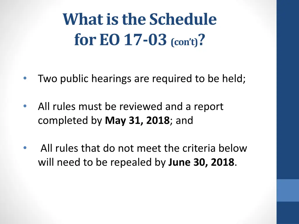 what is the schedule for eo 17 03 con t