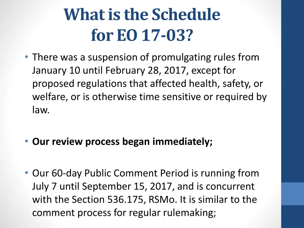 what is the schedule for eo 17 03