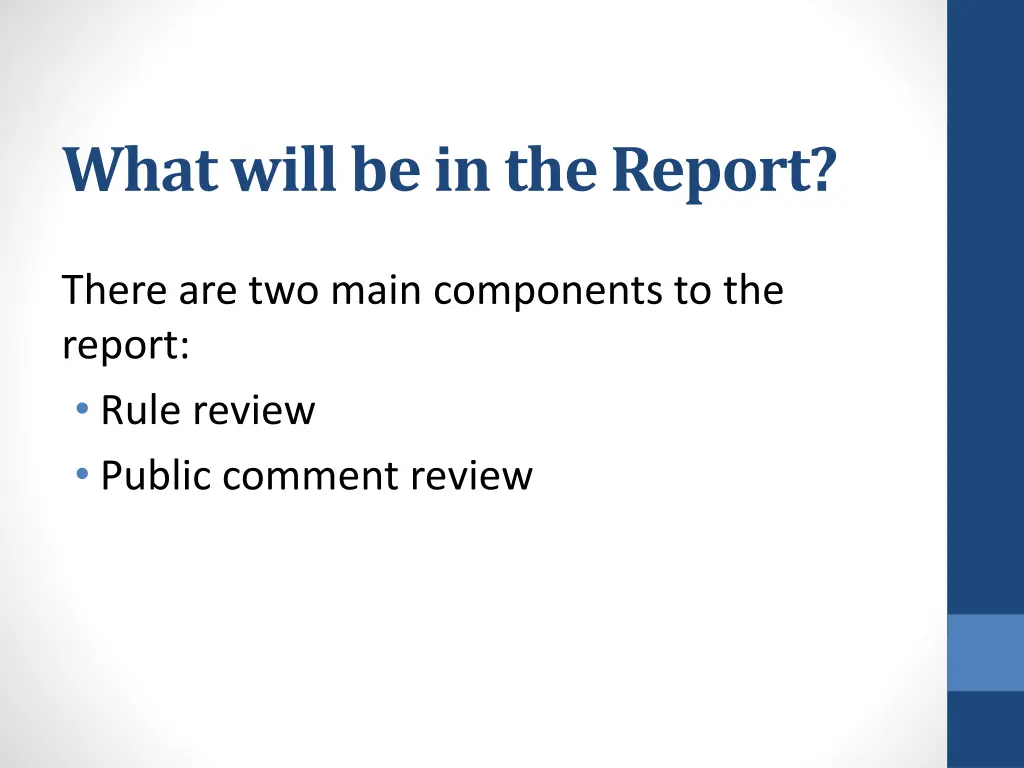 what will be in the report 1