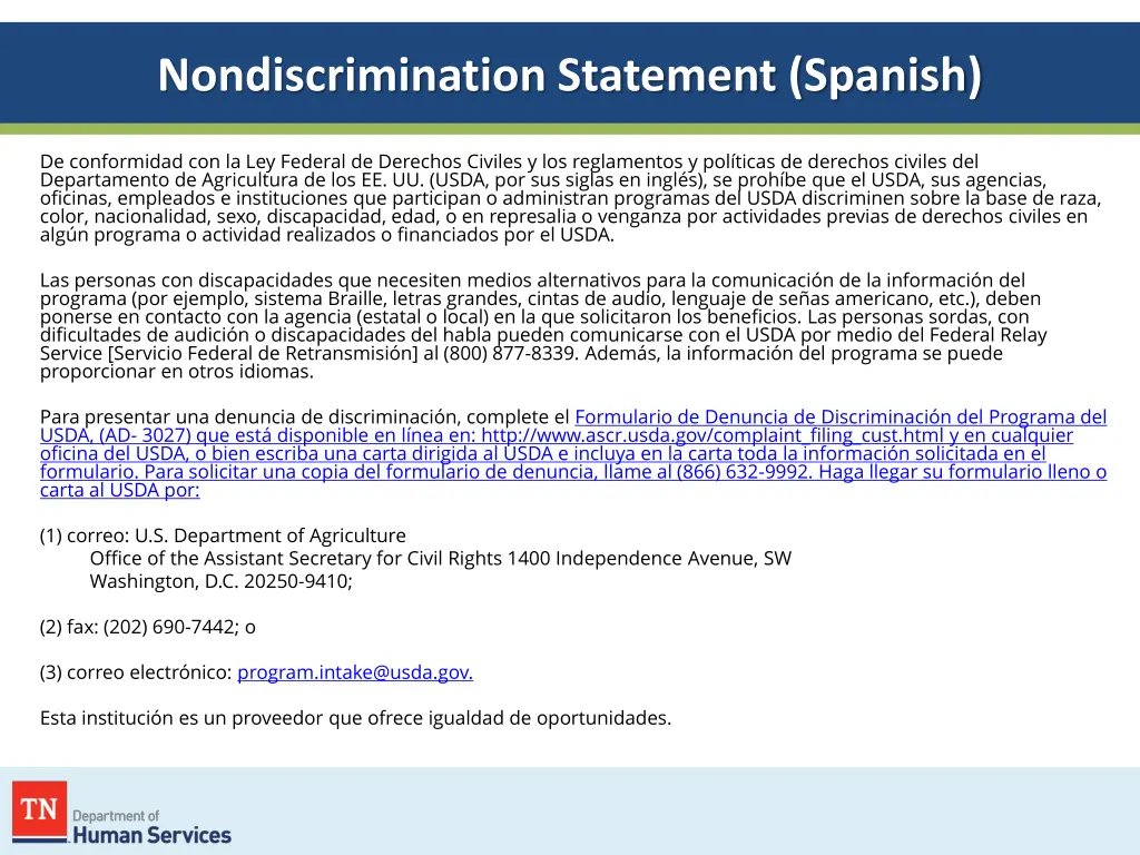 nondiscrimination statement spanish