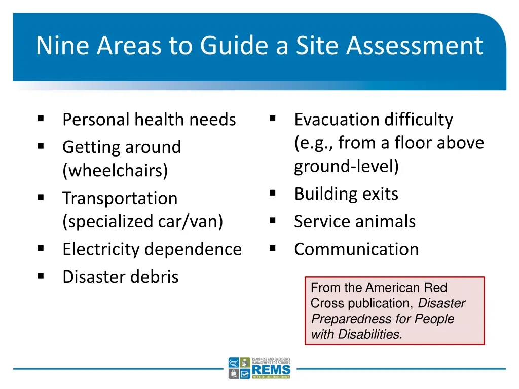 nine areas to guide a site assessment