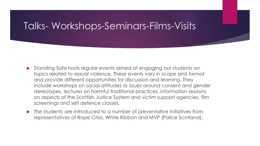 talks workshops seminars films visits