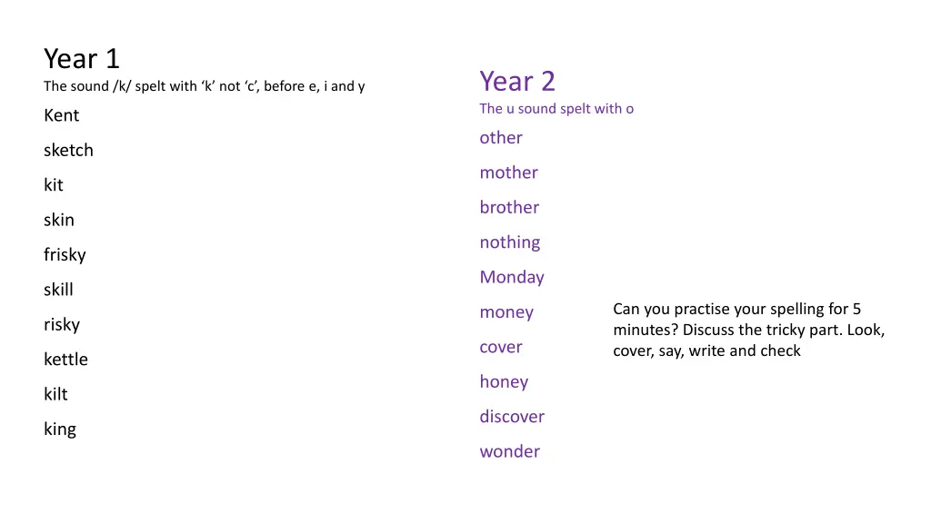 year 1 the sound k spelt with k not c before