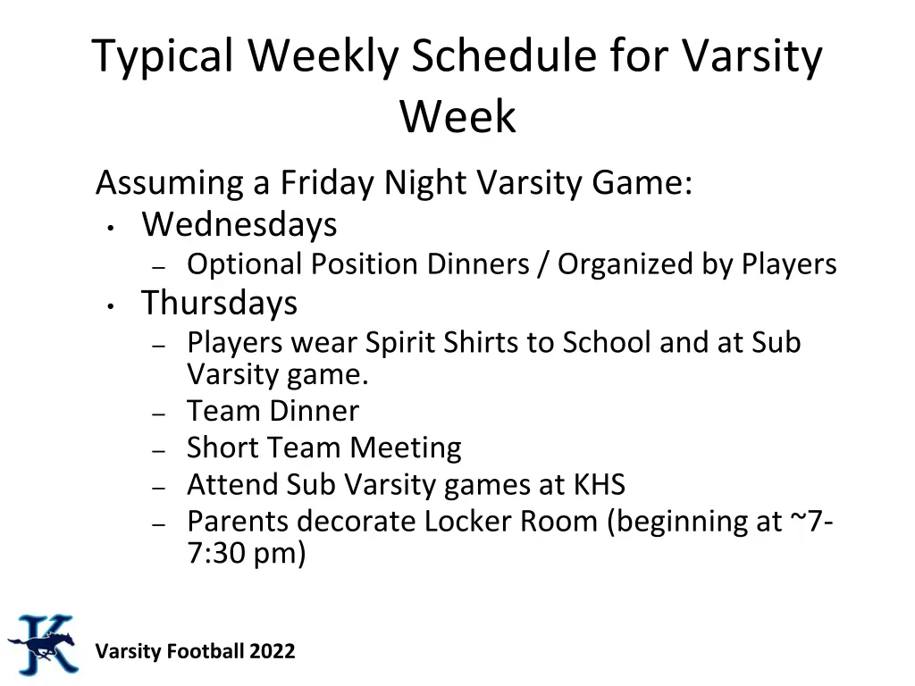 typical weekly schedule for varsity week