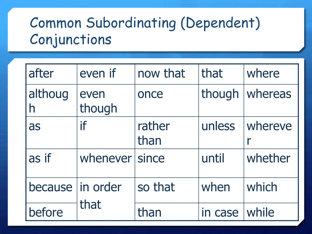 common subordinating dependent conjunctions