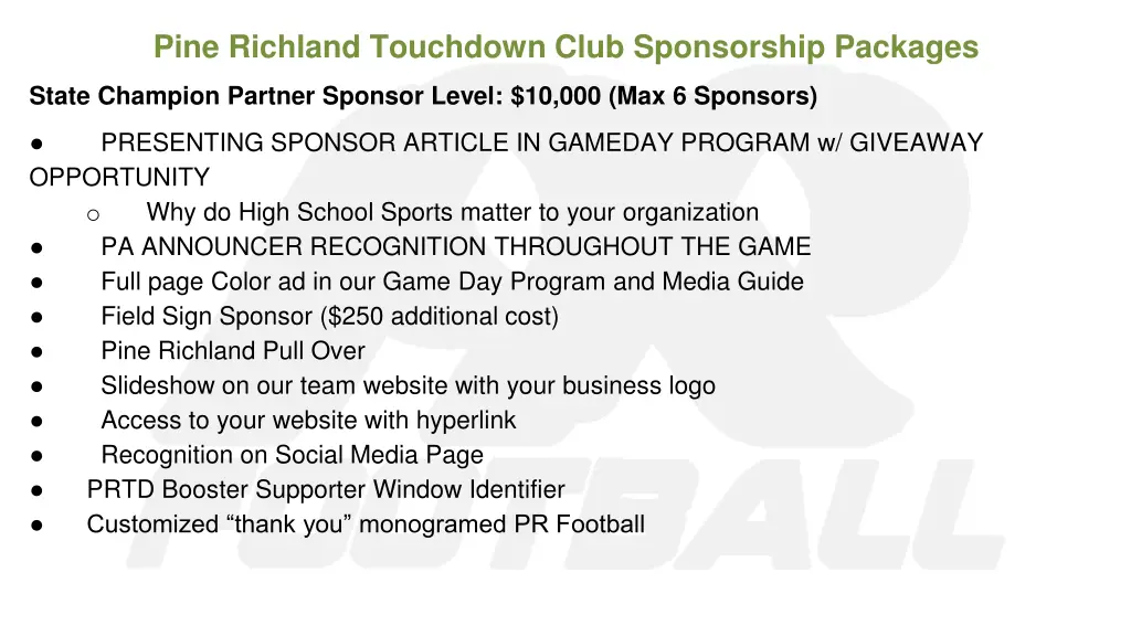 pine richland touchdown club sponsorship packages