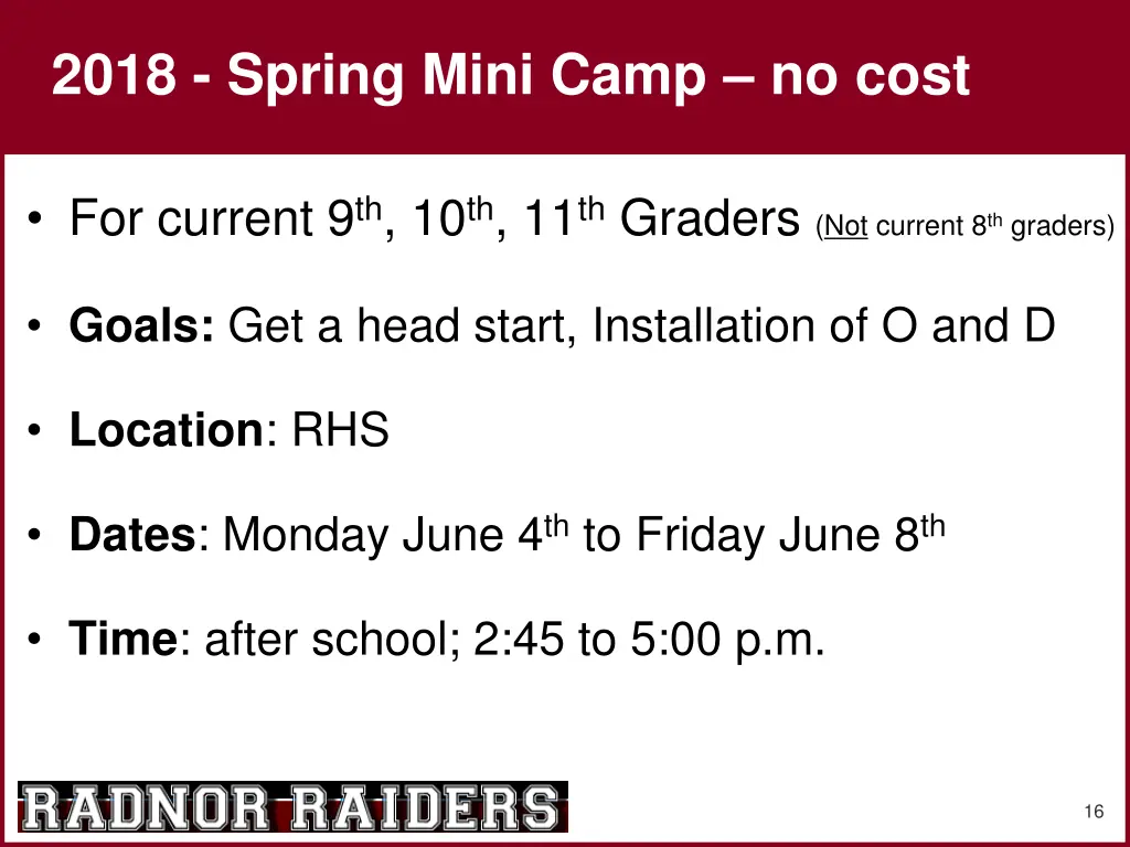 2018 spring mini camp no cost