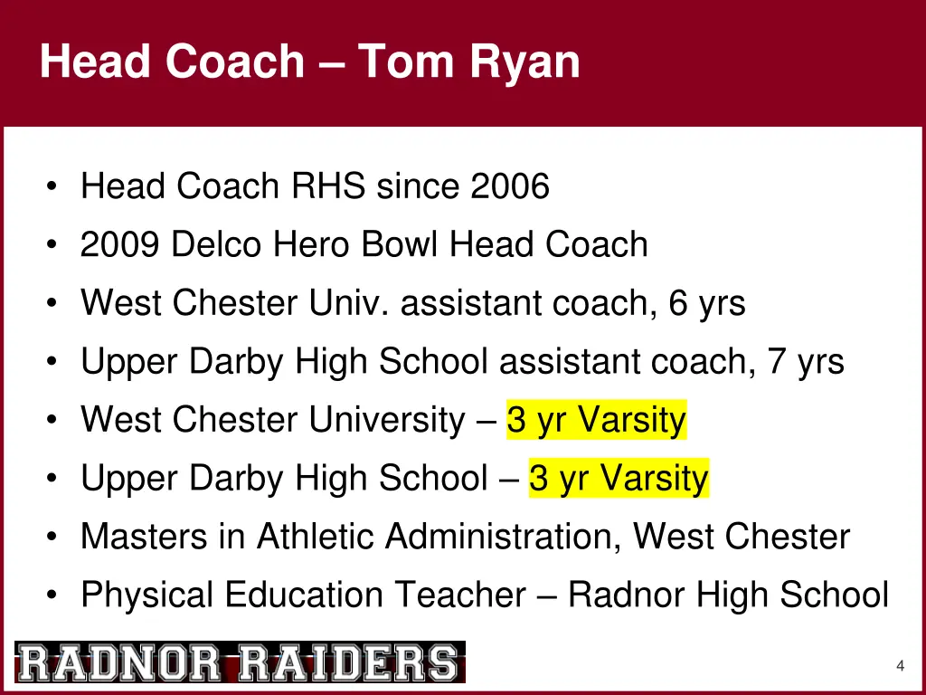 head coach tom ryan