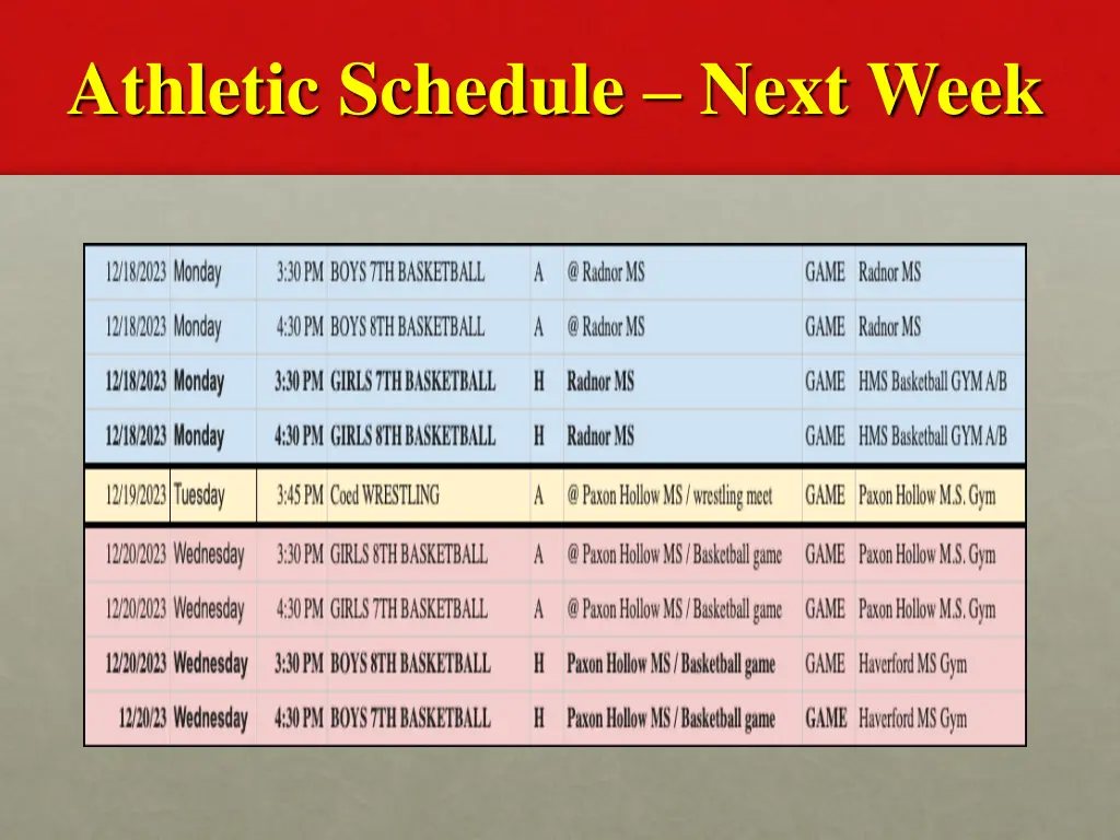 athletic schedule next week