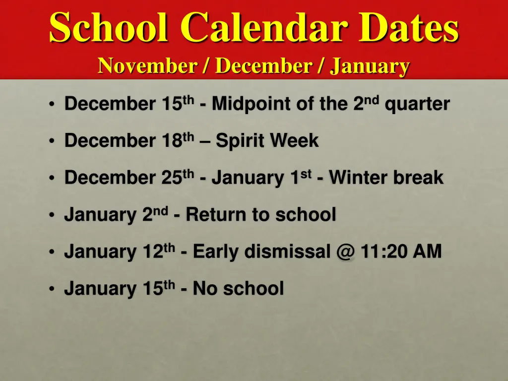 school calendar dates november december january