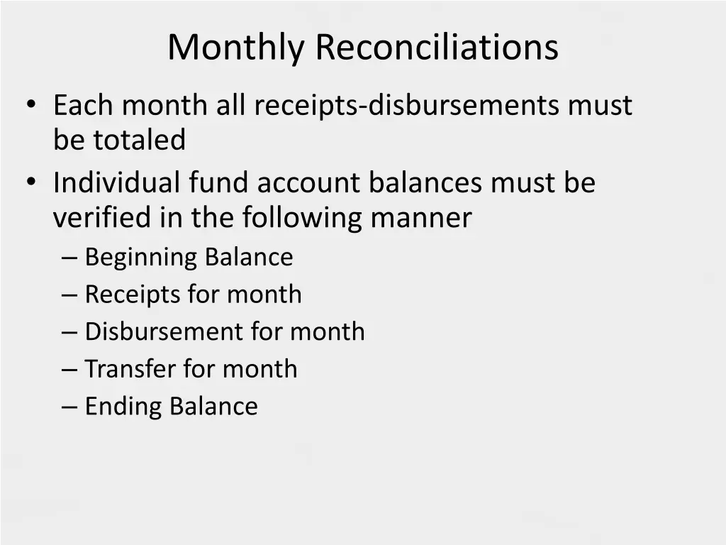 monthly reconciliations each month all receipts