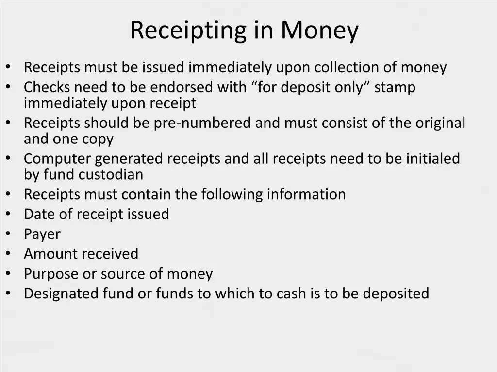 receipting in money