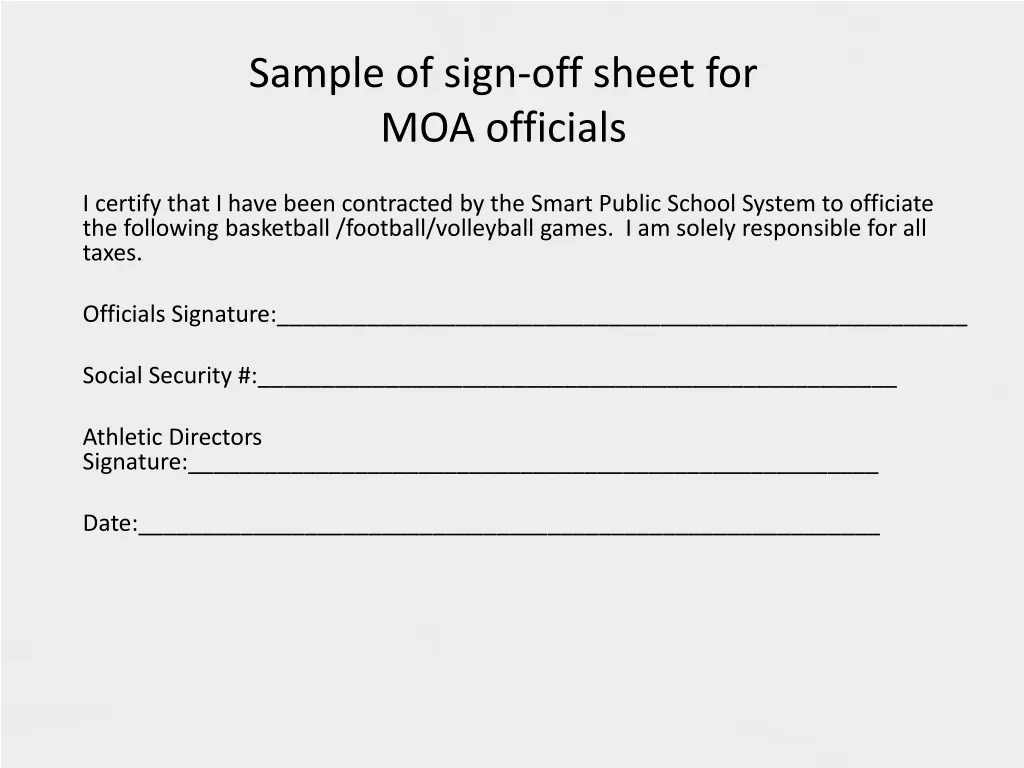 sample of sign off sheet for moa officials