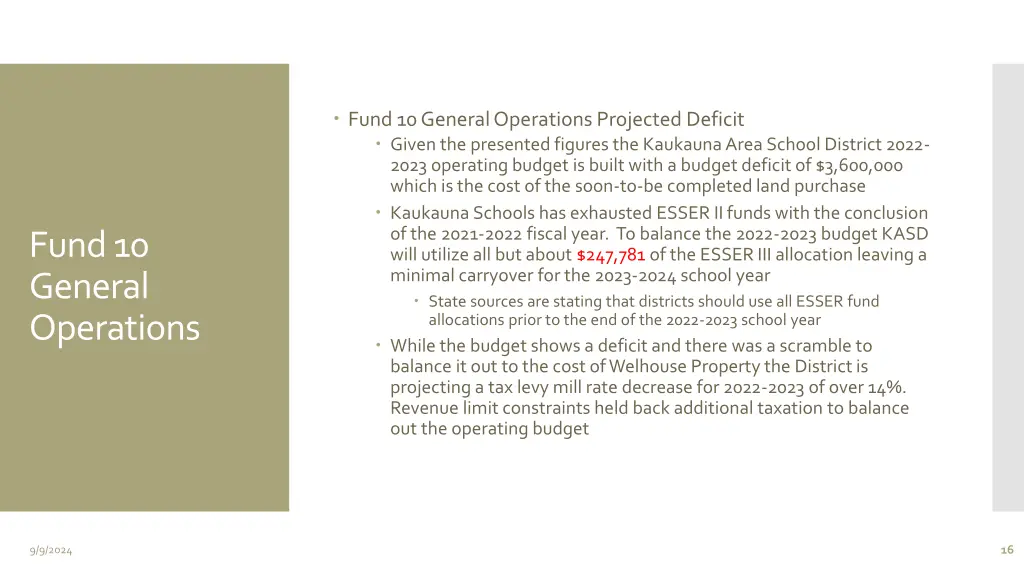 fund 10 general operations projected deficit