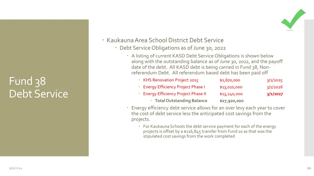 kaukauna area school district debt service debt