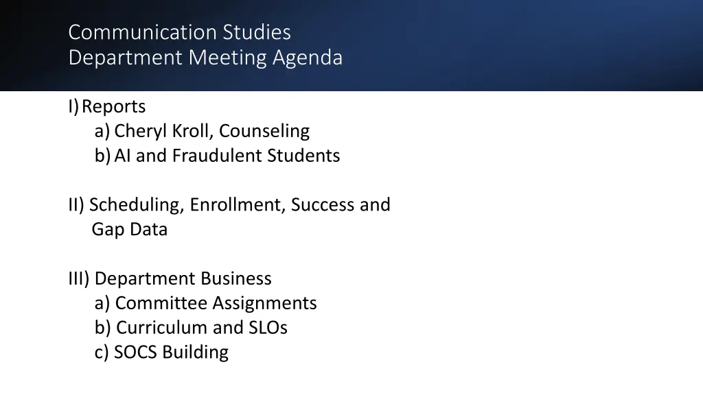 communication studies department meeting agenda