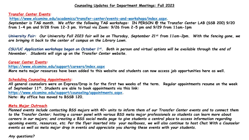 counseling updates for department meetings fall