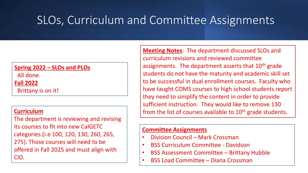 slos curriculum and committee assignments