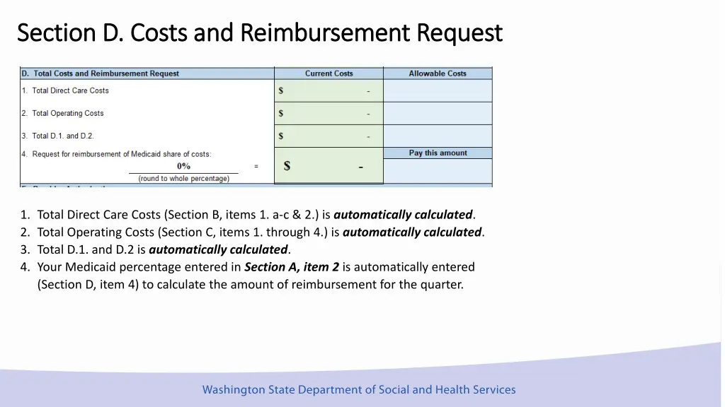 section d costs and reimbursement request section