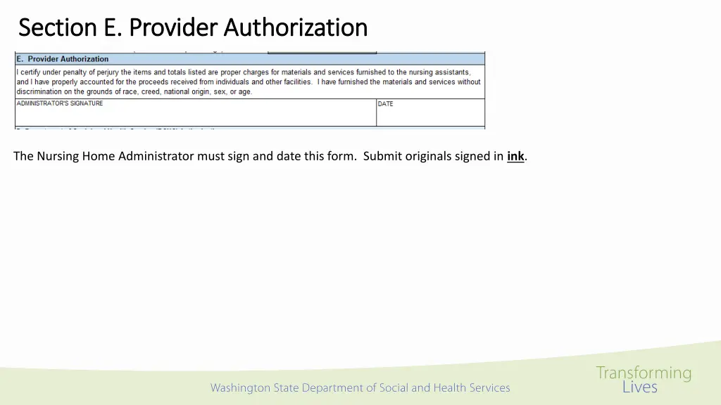 section e provider authorization section