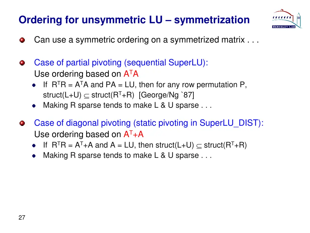 ordering for unsymmetric lu symmetrization