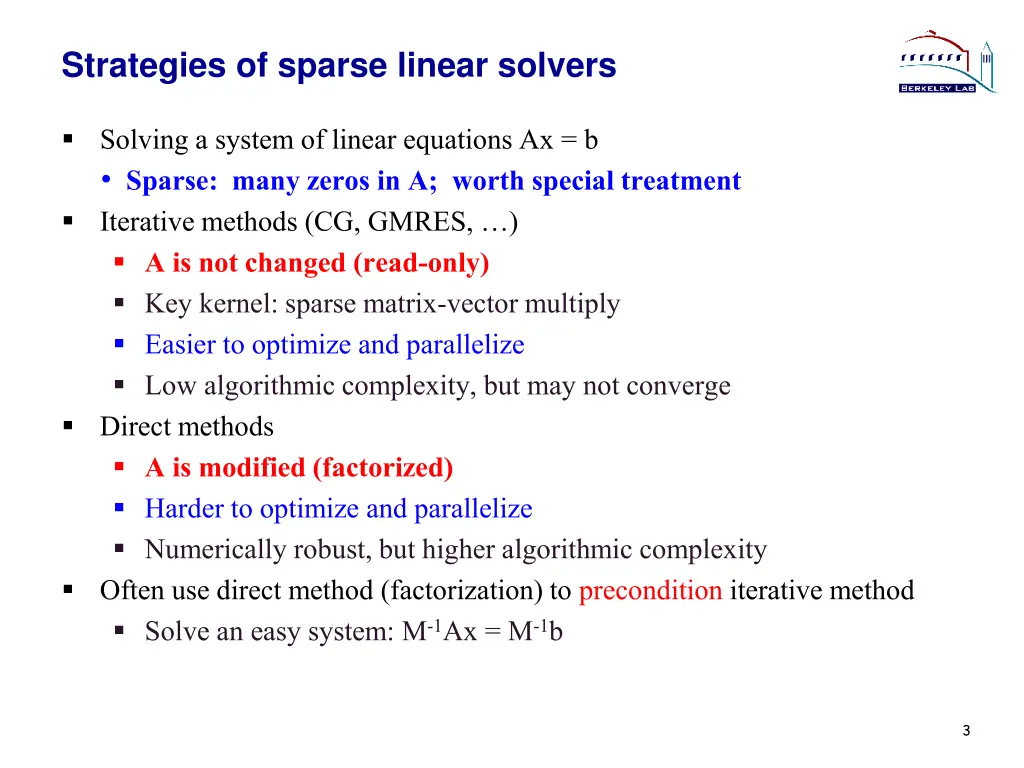 strategies of sparse linear solvers