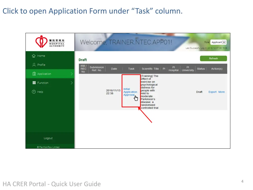 click to open application form under task column