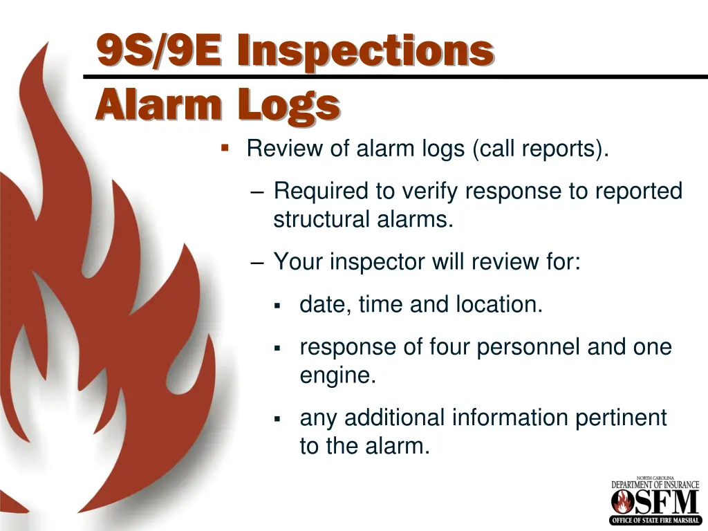 9s 9e inspections alarm logs review of alarm logs