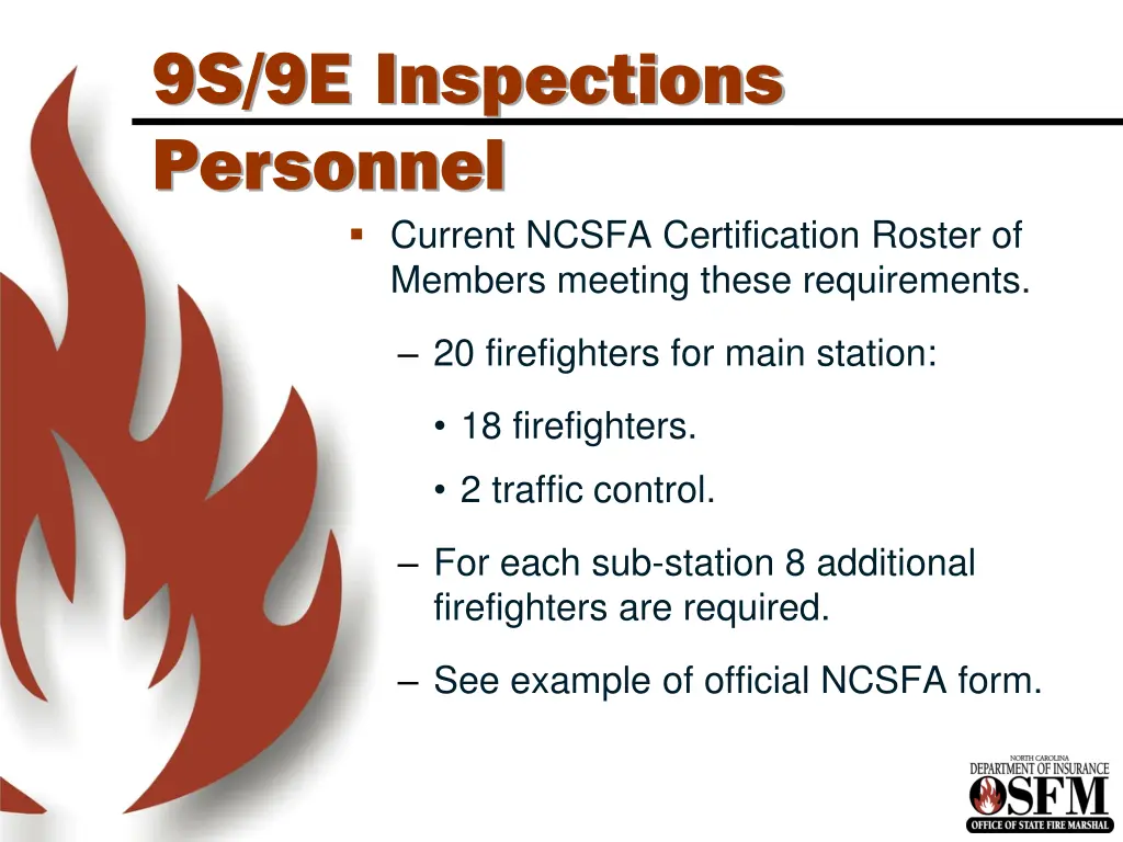 9s 9e inspections personnel current ncsfa