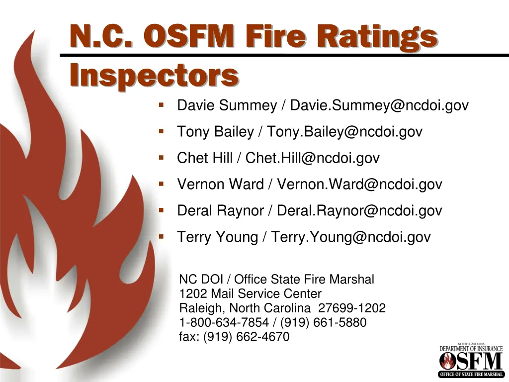 n c osfm fire ratings inspectors davie summey