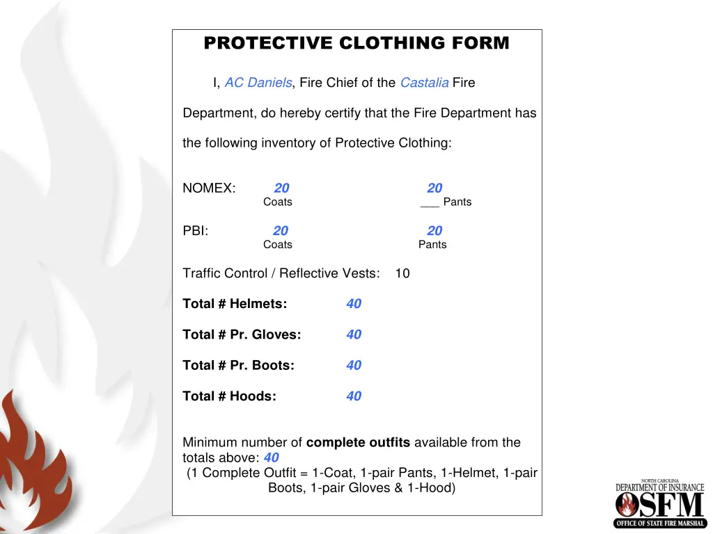 protective clothing form