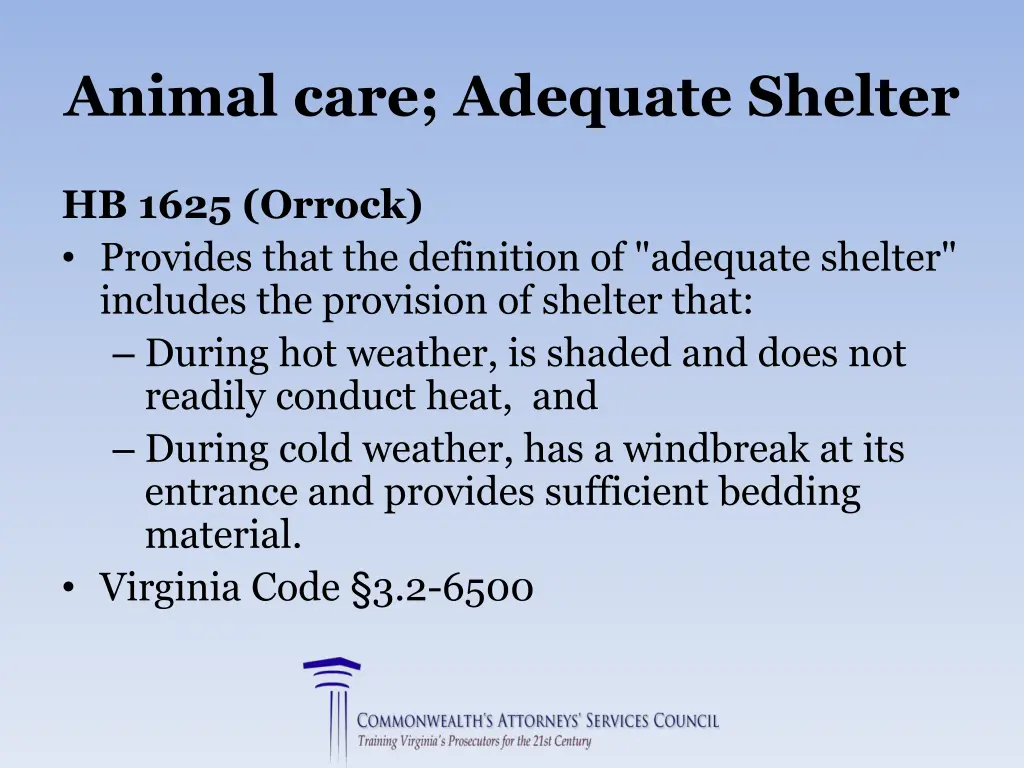 animal care adequate shelter