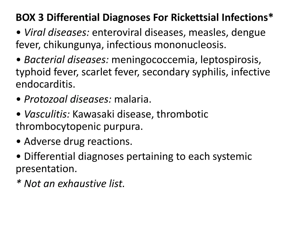 box 3 differential diagnoses for rickettsial