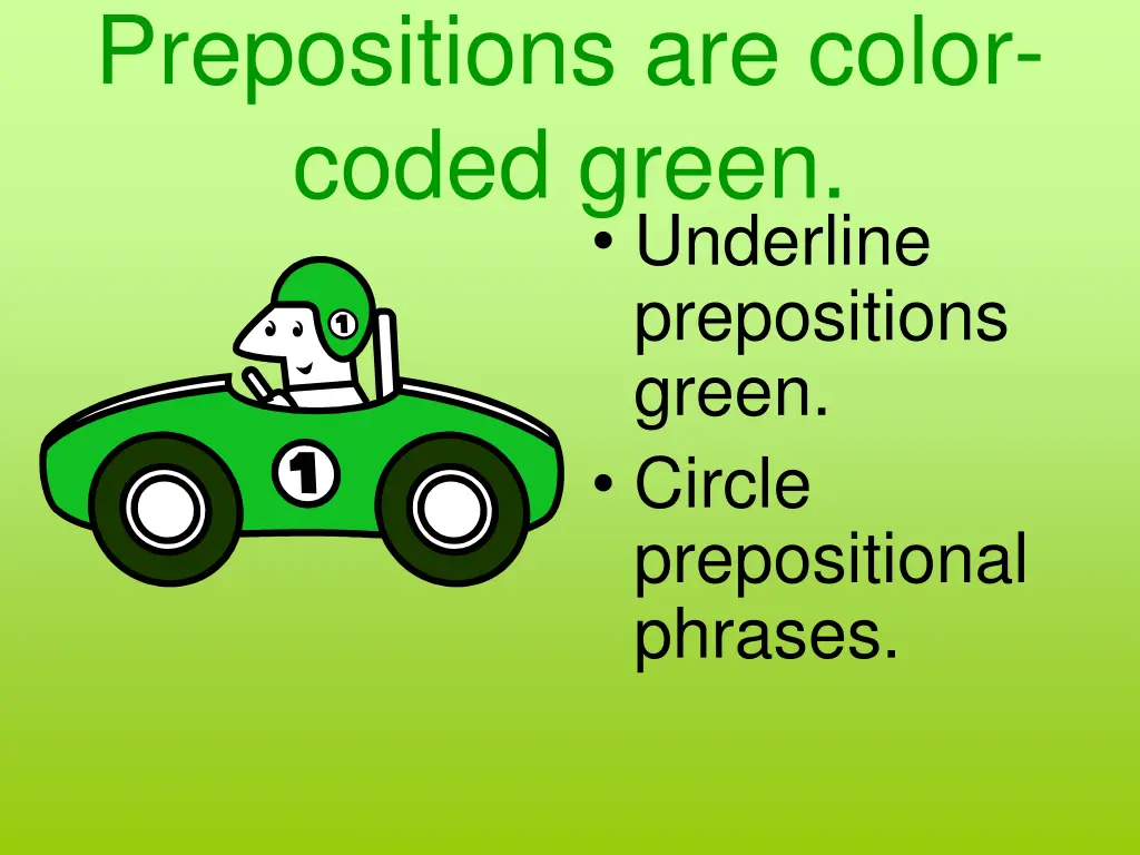 prepositions are color coded green