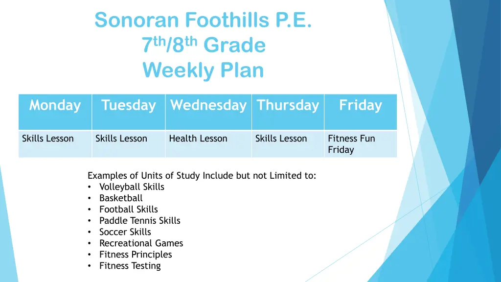 sonoran foothills p e 7 th 8 th grade weekly plan