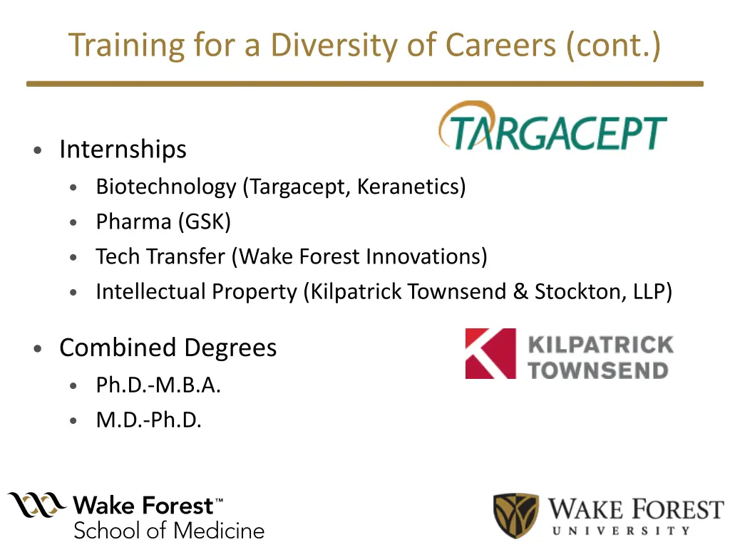 training for a diversity of careers cont