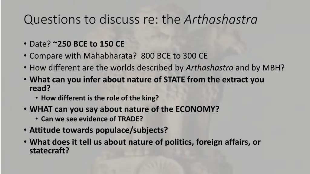 questions to discuss re the arthashastra