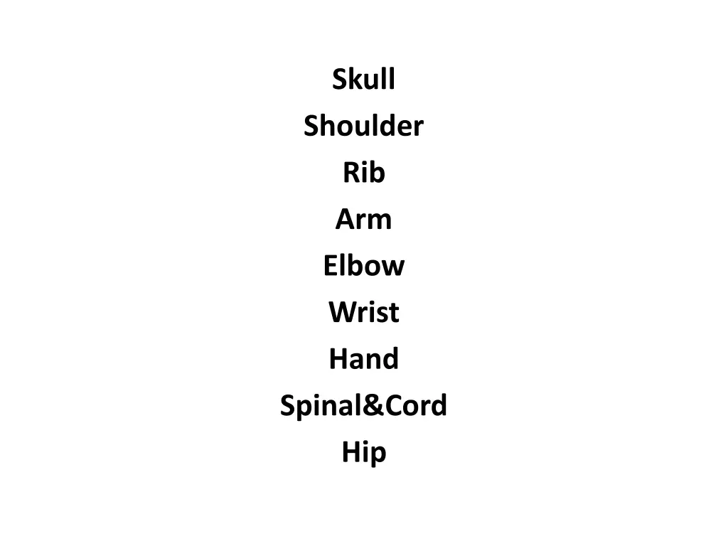 skull shoulder rib arm elbow wrist hand spinal