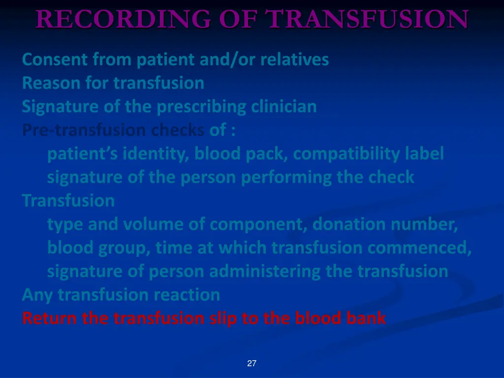 recording of transfusion