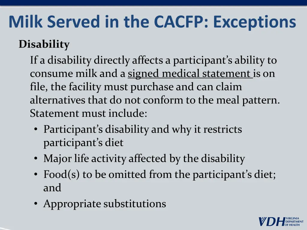 milk served in the cacfp exceptions