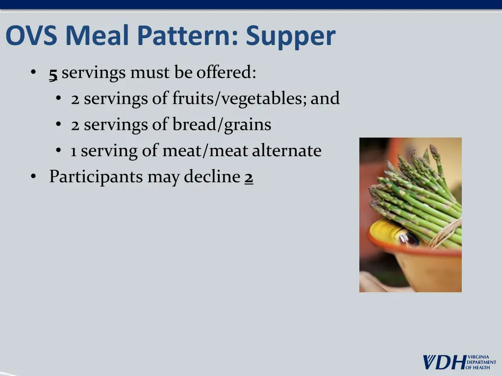 ovs meal pattern supper 5 servings must