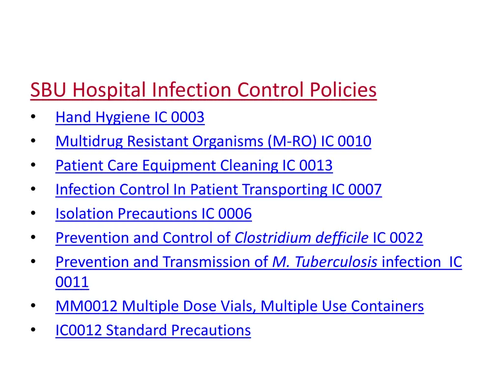 sbu hospital infection control policies hand