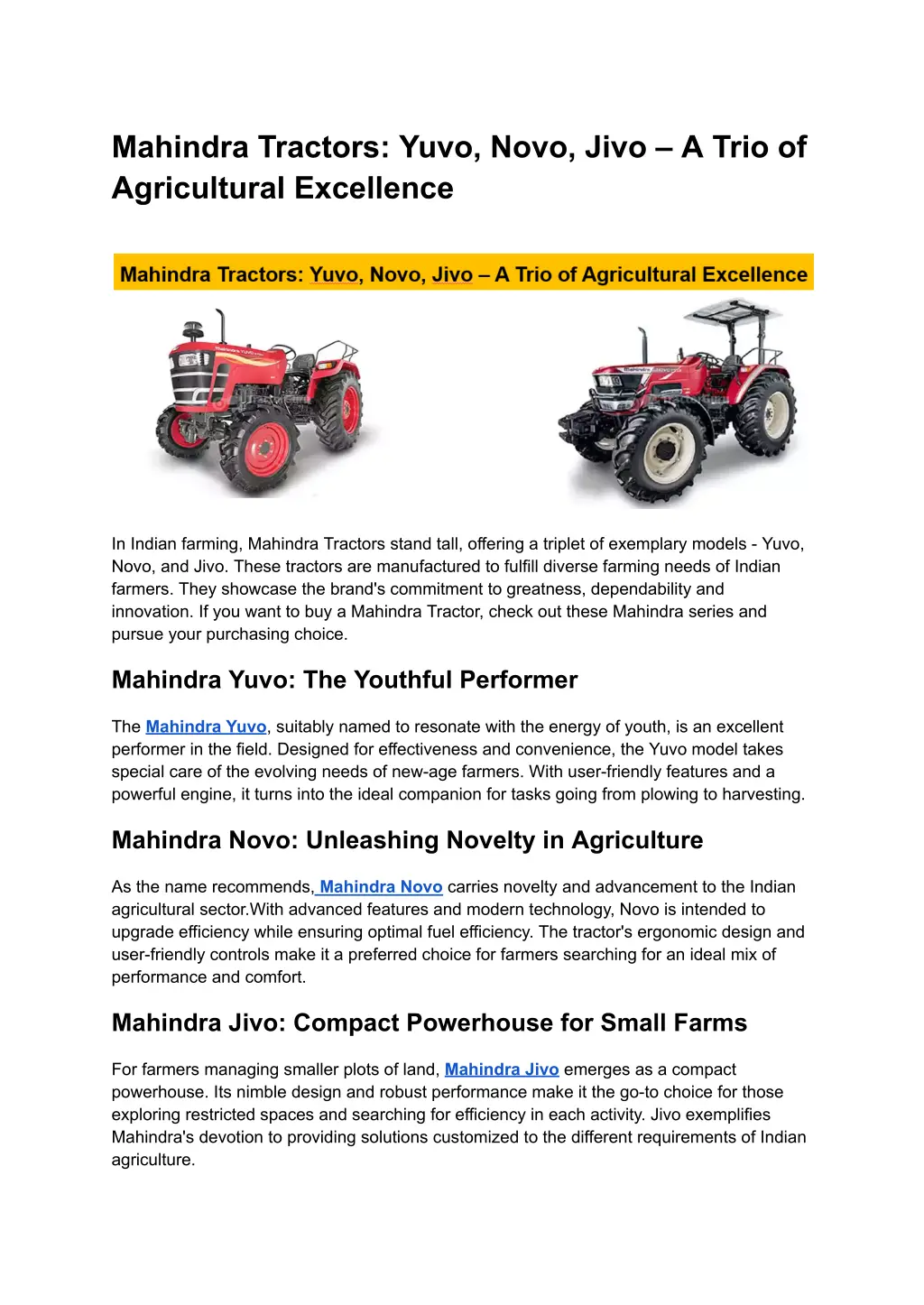 mahindra tractors yuvo novo jivo a trio