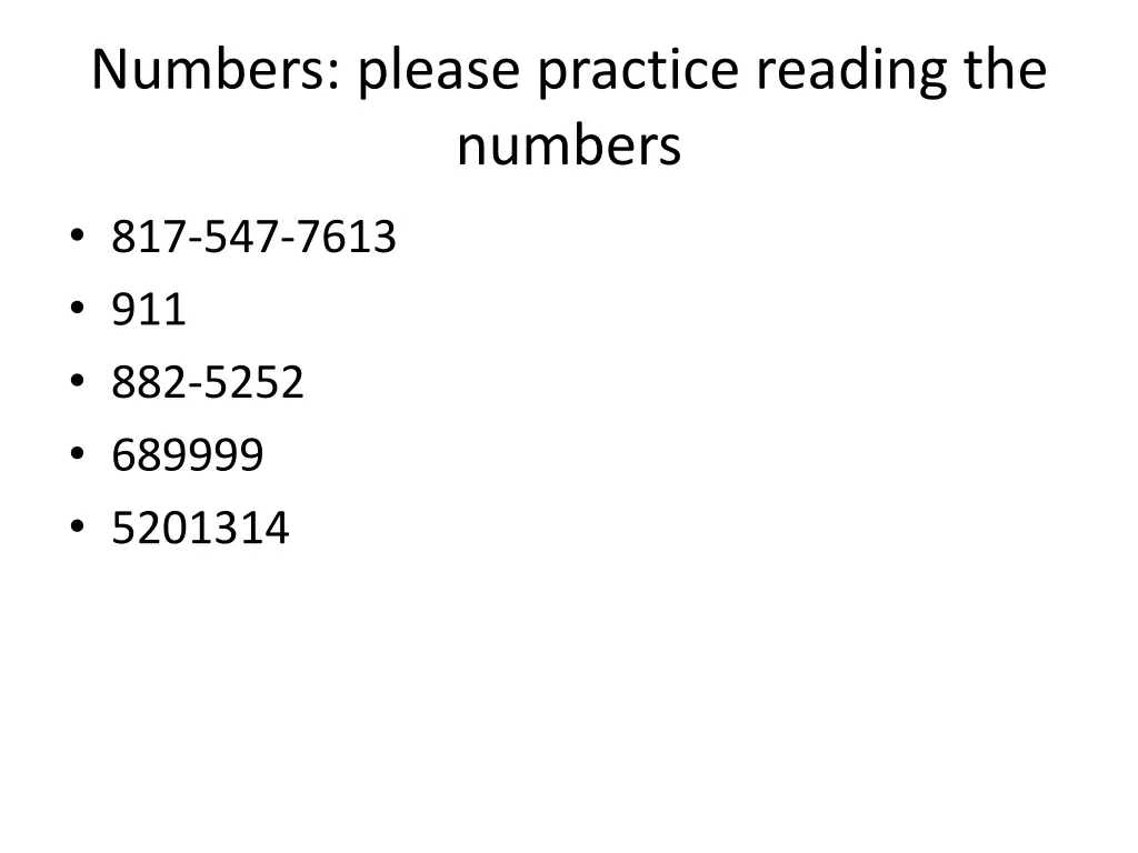 numbers please practice reading the numbers