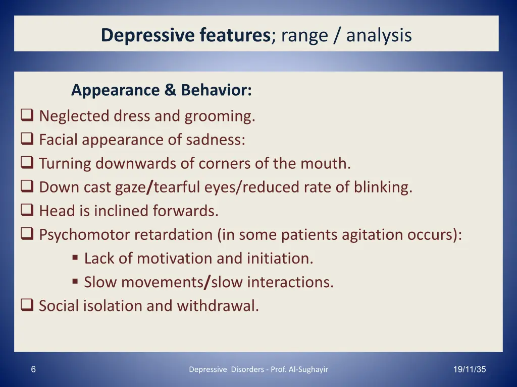 depressive features range analysis