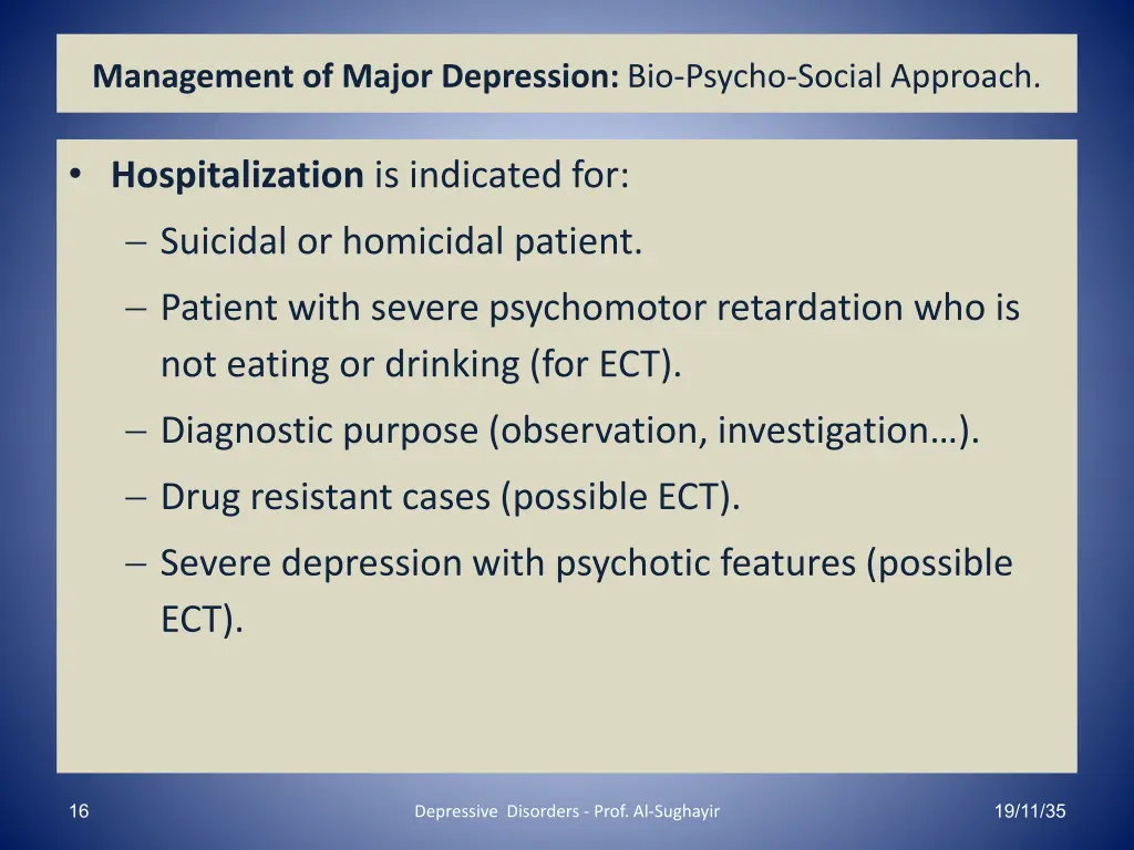 management of major depression bio psycho social