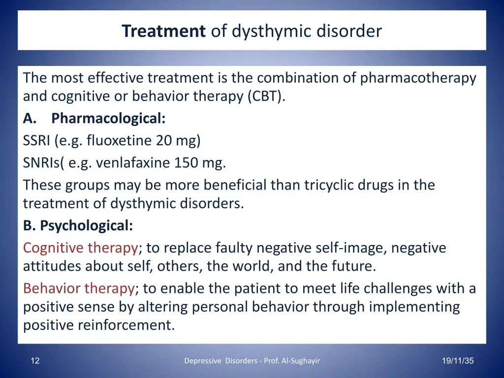 treatment of dysthymic disorder