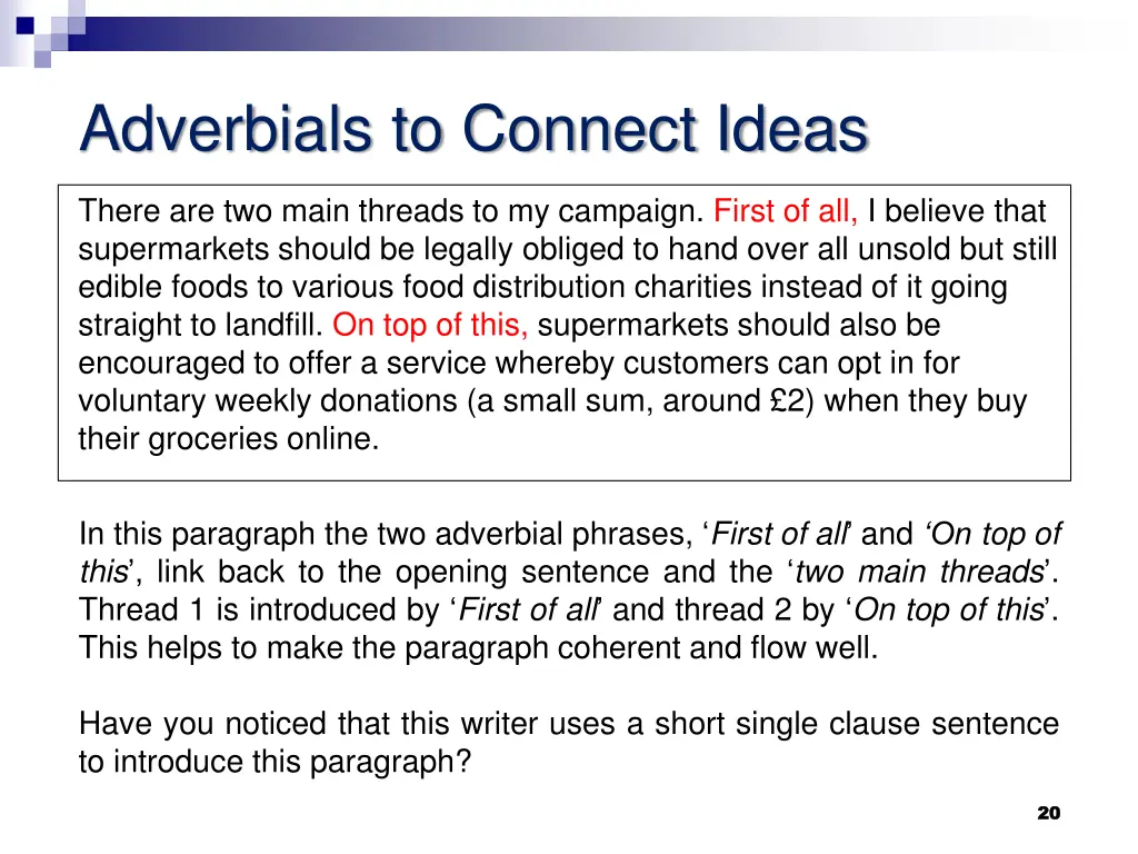 adverbials to connect ideas